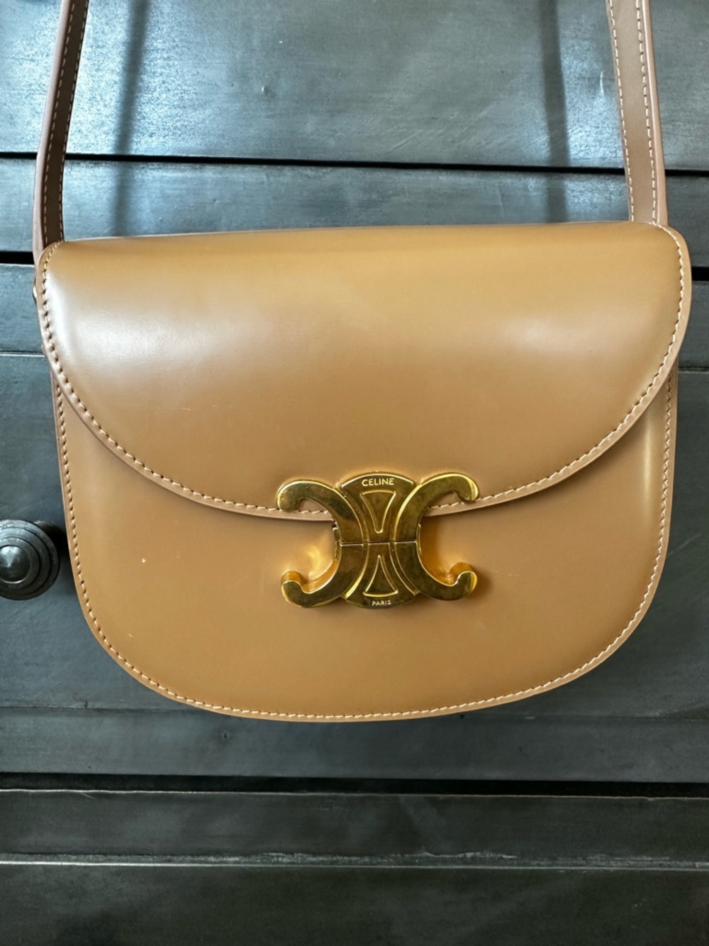 Celine Caramel Brown Leather Shoulder Bag with Gold Triomphe Clasp